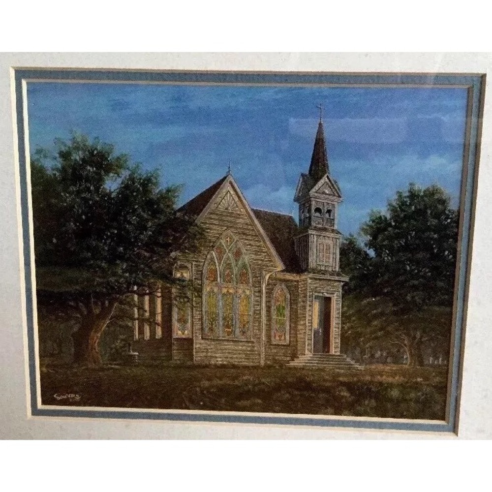 John Souders Framed Art Print 1983 Amazing Grace‎ Country Chapel at Night Rustic
